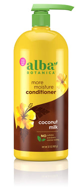 Alba Botanica More Moisture Coconut Milk conditioner bottle delivers rich hydration for daily hair care
