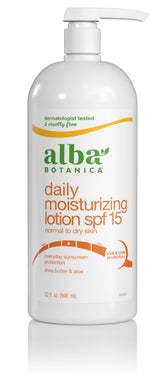 Alba Botanica Daily Moisturizing Lotion SPF 15 bottle front with hydration and sun protection