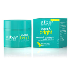 Alba Botanica Even and Bright Renewal Cream jar for nighttime routine and smoother tone.