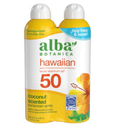 Alba Botanica Hawaiian Coconut Sunscreen Spray bottle, SPF 50, water-resistant and quick-dry for outdoor activities.