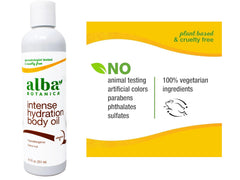 Alba Botanica Kukui Nut Body Oil bottle pour for quick skin hydration.