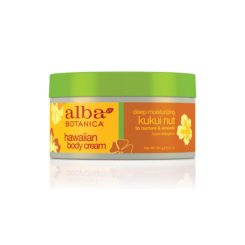Alba Botanica Kukui Nut Body Cream bottle-front showing rich hydration for dry skin.