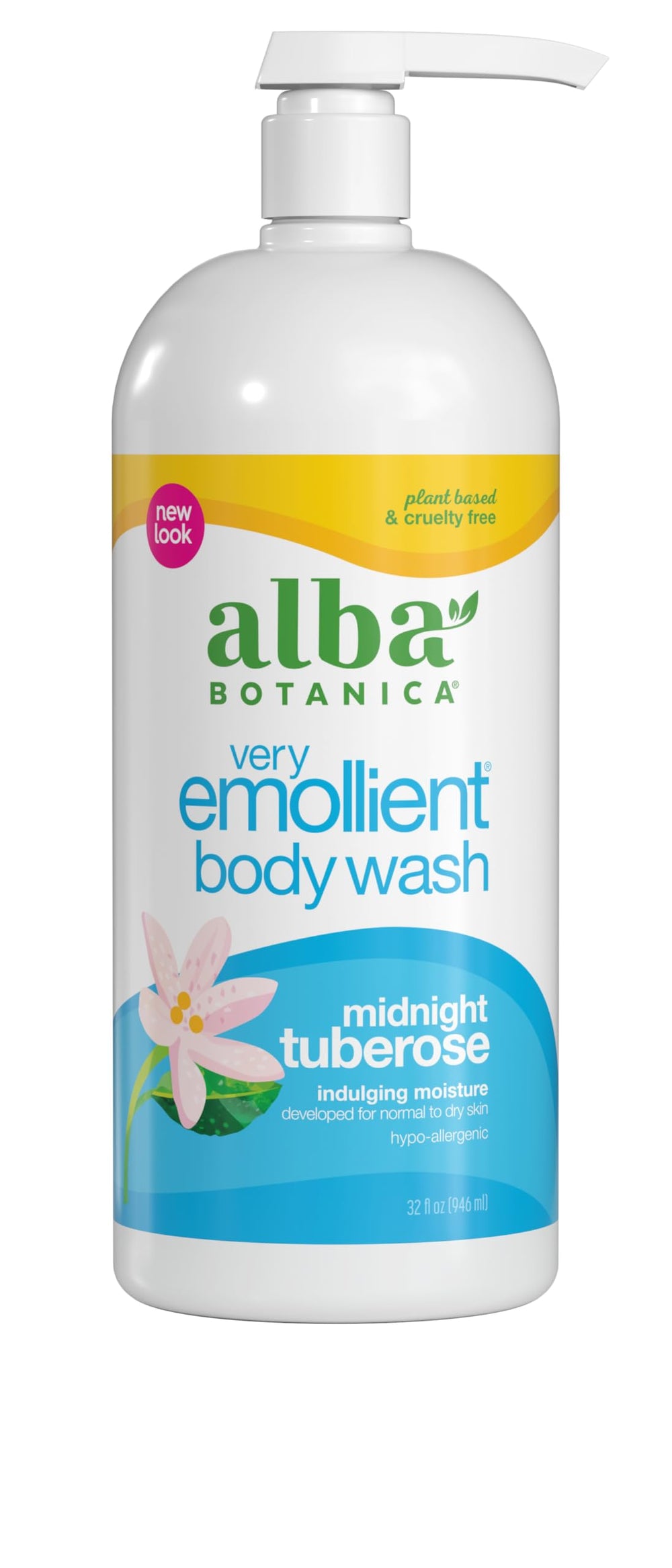 Alba Botanica Midnight Tuberose body wash bottle delivers gentle hydrating cleanse for dry skin.