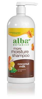 Alba Botanica More Moisture Coconut Milk Shampoo bottle showcases hydrating cleanse for dry hair.