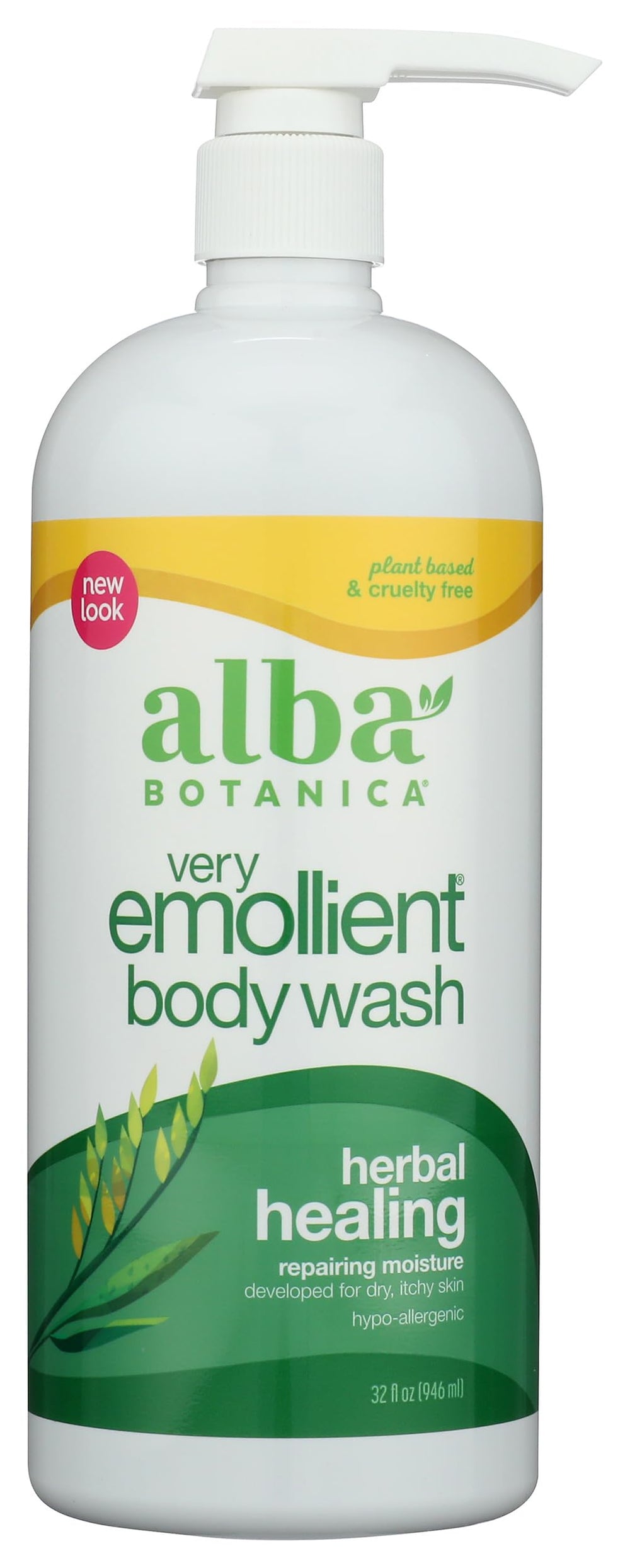 Alba Botanica Very Emollient Bath and Shower Gel bottle for nourishing plant-based cleansing.