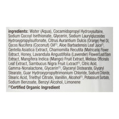 Alba Botanica Very Emollient Honey Mango ingredients close-up highlights gentle vegetarian formula.