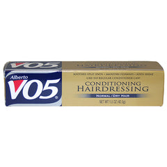 Alberto VO5 Conditioning Hairdressing bottle pour demonstrates long-lasting hydration and frizz control for normal and dry hair