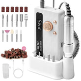 Aleanu electric nail file front view shows 45000RPM speed for fast acrylic prep
