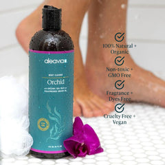 Aleavia Body Cleanse bottle closeup highlights orchid oil for nourished skin