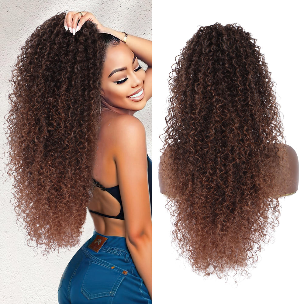 Alebery 27inch drawstring ponytail deep curly brown close-up for daily wear