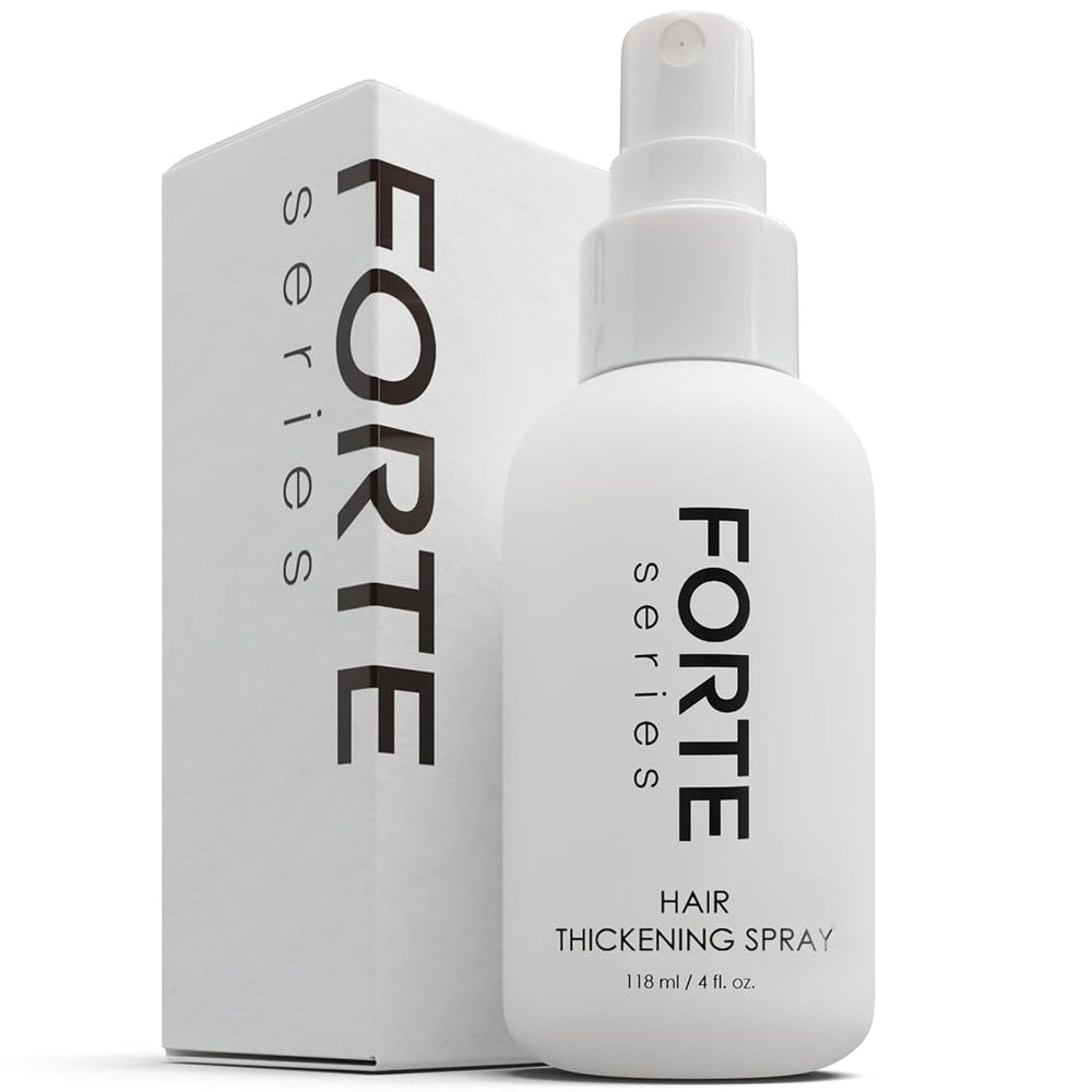 Alex Costa Forte Series thickening spray bottle closeup shows instant volume boost for fine hair.