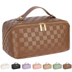 ALEXTINA large-capacity travel cosmetic bag in brown with organized compartments for on-the-go makeup.