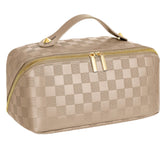 ALEXTINA large-capacity travel cosmetic bag outside checkered design keeps cosmetics organized while traveling.