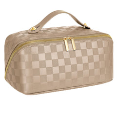 ALEXTINA large-capacity travel cosmetic bag outside checkered design keeps cosmetics organized while traveling.