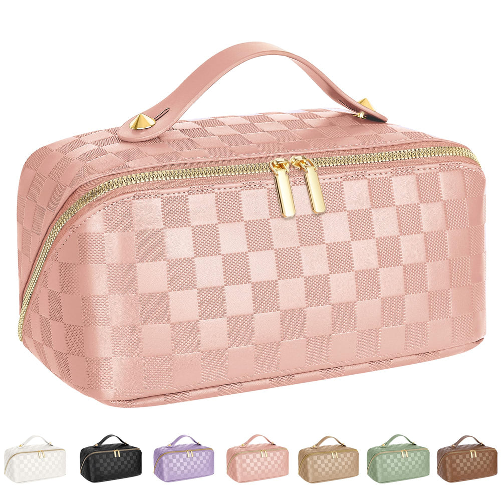 ALEXTINA travel makeup bag opened flat for quick access during trips