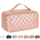 ALEXTINA travel makeup bag opened flat for quick access during trips
