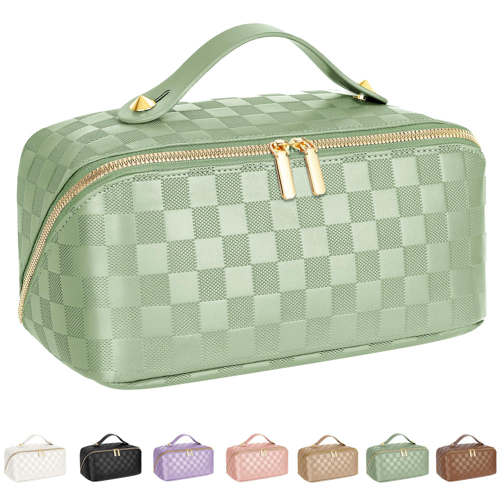 ALEXTINA travel makeup bag opens flat for quick access to essentials.