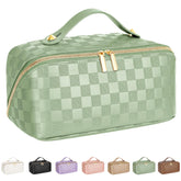 ALEXTINA travel makeup bag opens flat for quick access to essentials.