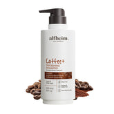 ALFHEIM Coffee+ Shampoo bottle closeup showing invigorating formula for fuller-looking hair