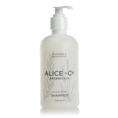 Alice + Co. Lavender & Eucalyptus shampoo bottle pour for refreshing cleanse.