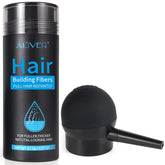 Aliver Hair Fibers dark brown spray application close-up showing instant fullness.