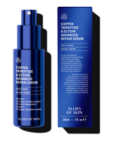 Allies of Skin Copper Tripeptide & Ectoin serum bottle close-up for hydrated, smoother skin.
