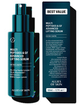 Allies of Skin jumbo serum bottle closeup showing premium packaging for aging skin