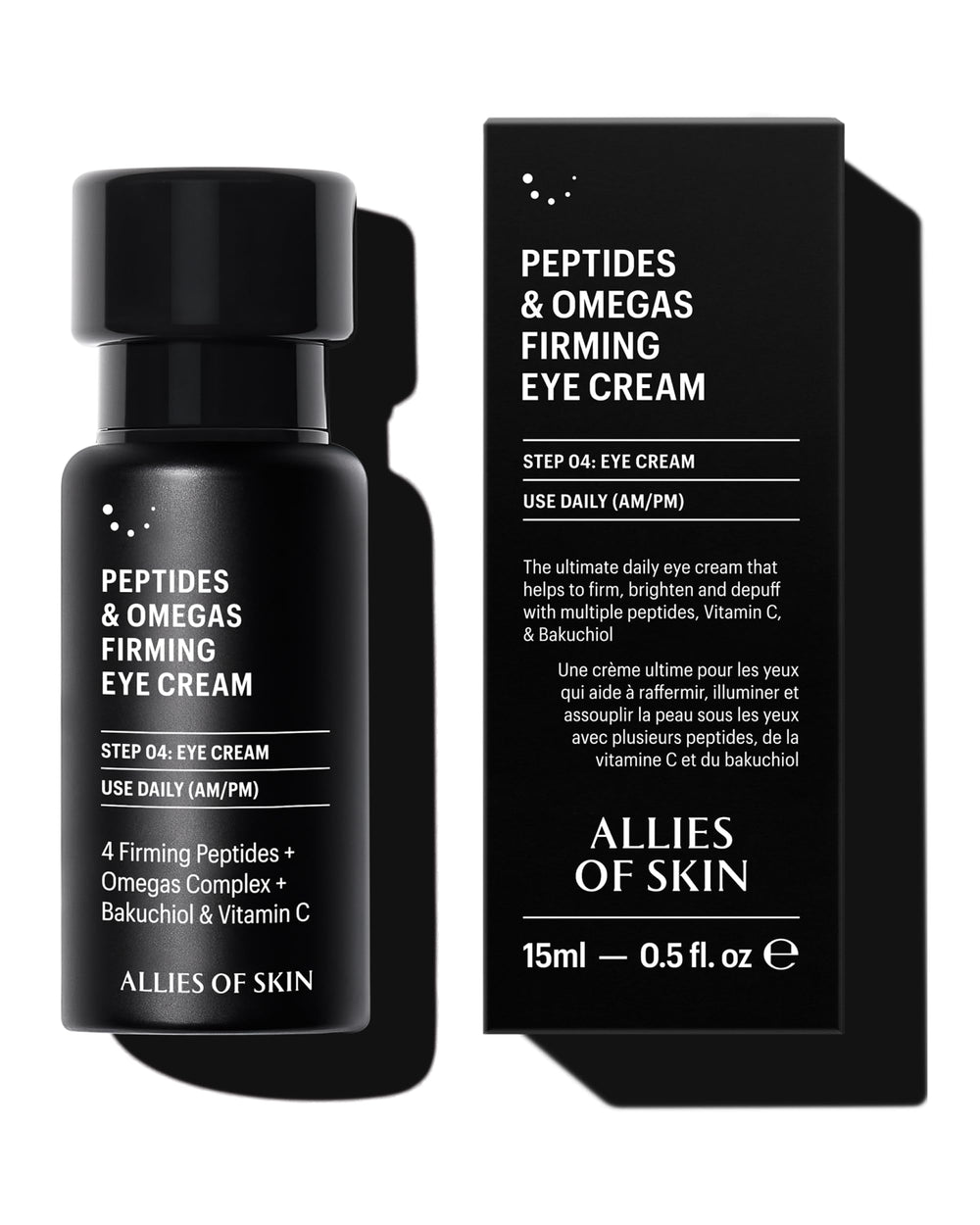 Allies of Skin Peptides Firming Eye Cream bottle closeup for hydrated, brightened under-eye area