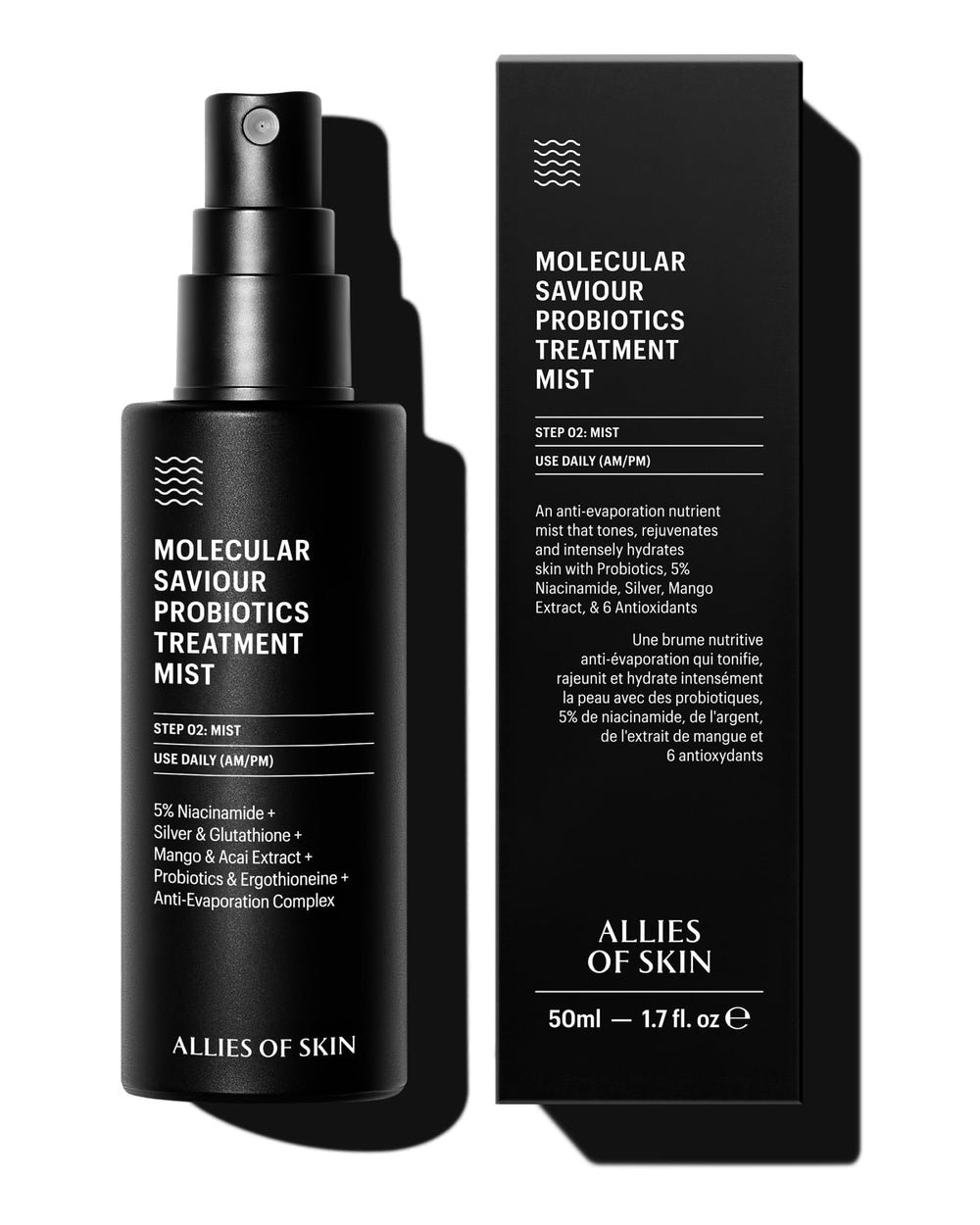 Allies of Skin Probiotic Face Mist bottle closeup showing hydrated skin benefits