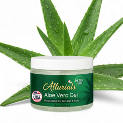 Allurials Aloe Vera Gel bottle demonstrates easy daily hydration for skin.
