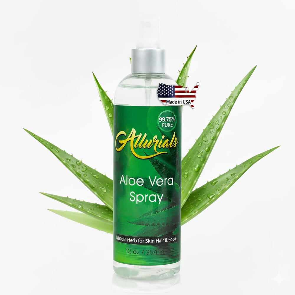 Allurials Aloe Vera Spray bottle close-up highlighting hydrating skin support.