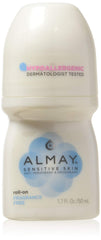 Almay fragrance-free roll-on antiperspirant bottle in a six-pack offering gentle daily protection for sensitive skin.