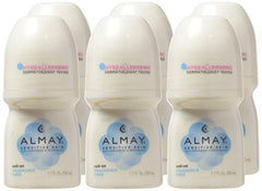 Almay fragrance-free roll-on packaging shown for sensitive skin, convenient daily use and odor control.