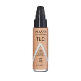 Almay liquid foundation bottle closeup showing packaging for long-wear days.