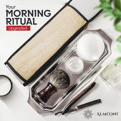 ALMOONI natural loofah fiber closeup highlights textured exfoliation material.