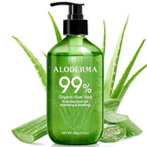 Aloderma 99% Organic Aloe Vera Gel pump shows deep hydration for dry skin.