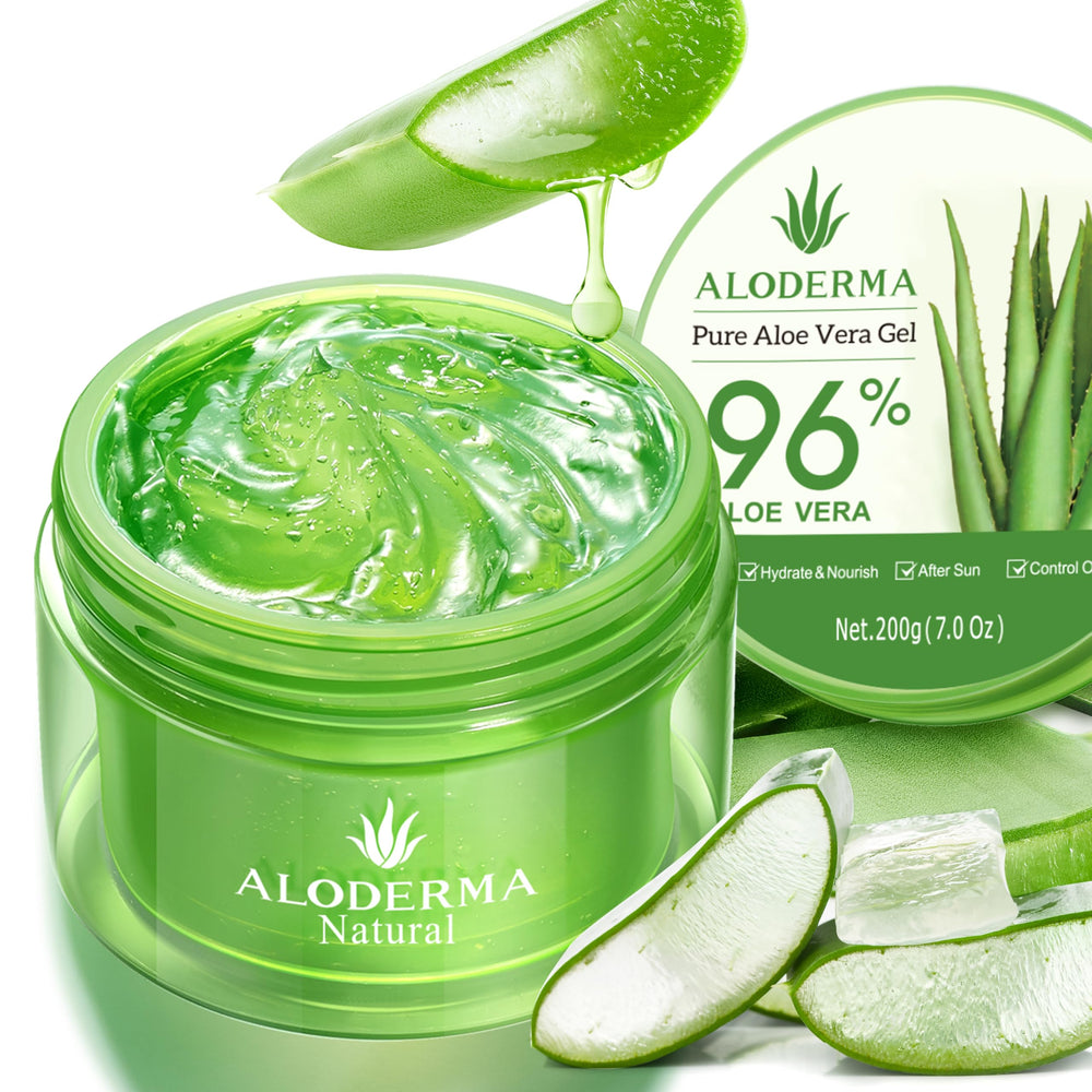 Aloderma Aloe Gel 96 Pure provides deep hydration for skin and scalp.