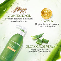 Aloderma Aloe Nourishing Shampoo bottle pour shows creamy lather for gentle cleansing.