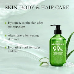 Aloderma Aloe Vera Gel closeup, refreshing hydration and smooth skin feel.