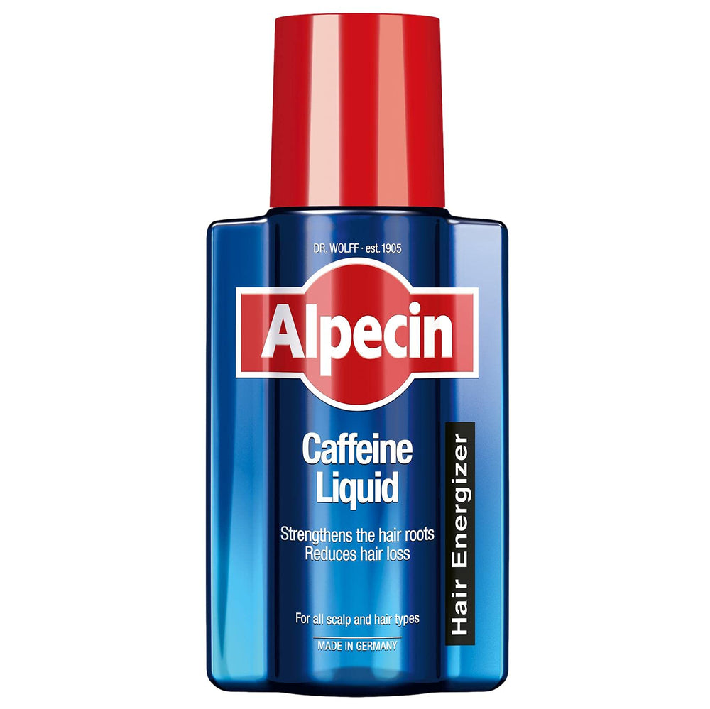 Alpecin After Shampoo bottle close-up showing caffeine formula for fuller-looking hair