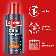 Alpecin C1 bottle side profile showcases packaging designed for daily use and growth support