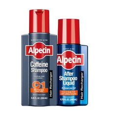Alpecin Caffeine Shampoo bottle closeup—energizes the scalp for a refreshed start.