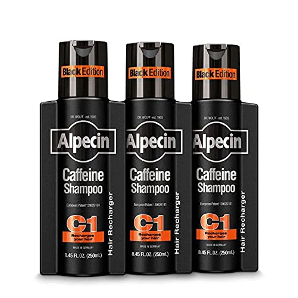 Alpecin Caffeine Shampoo C1 Black Edition bottle-front for energizing scalp care.