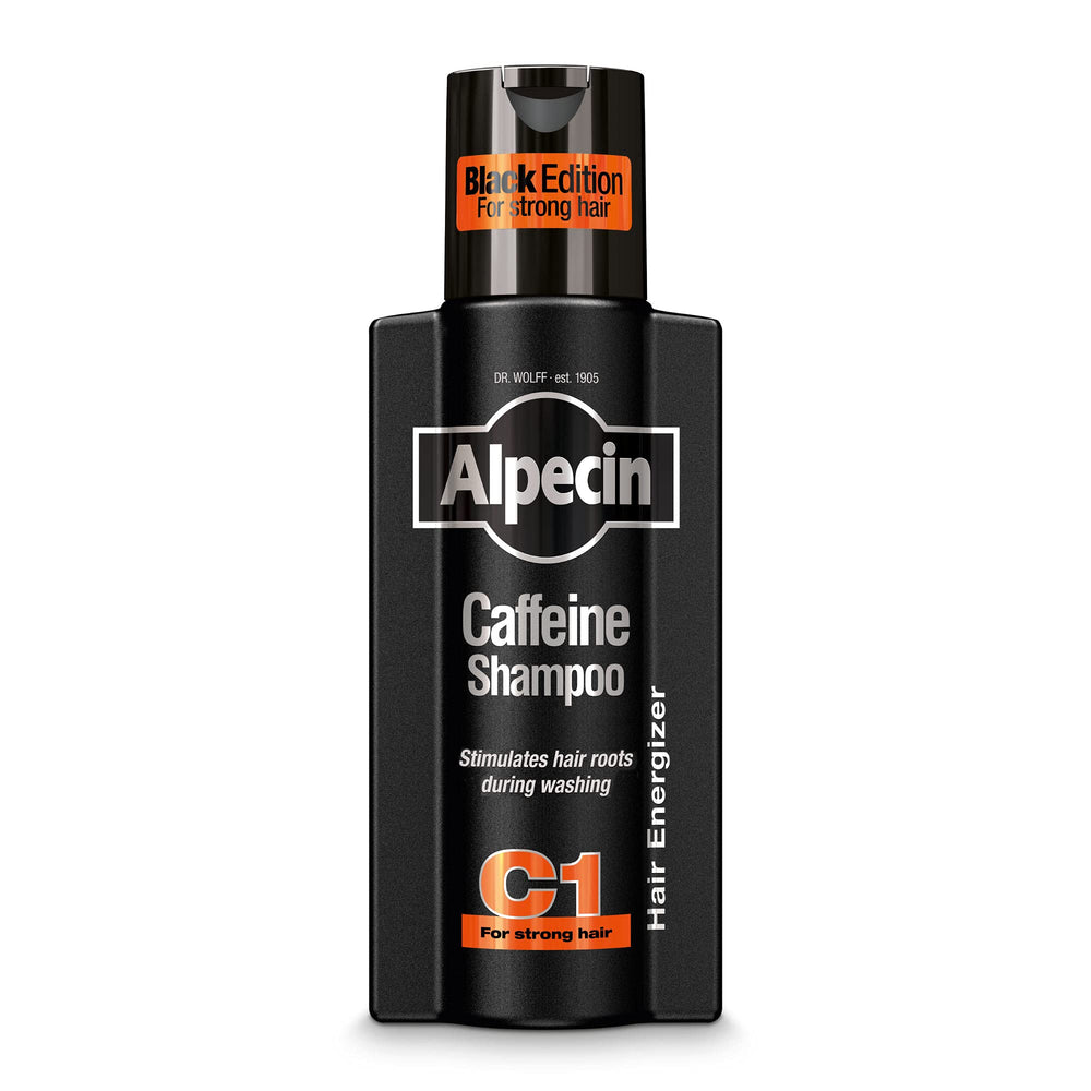 Alpecin Caffeine Shampoo C1 Black Edition bottle—scalp refreshment for energizing mornings.