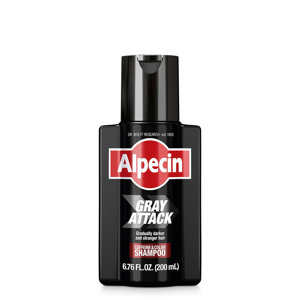 Alpecin Gray Attack bottle pour demonstrates easy at-home color touch-up.