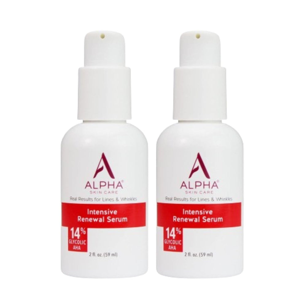 Alpha Skin Care Renewal Serum bottle close-up shows glycolic AHA for smoother skin