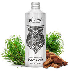 Alpine Provisions Cedar & Sandalwood bottle highlights eco-friendly packaging for a clean, natural cleanse.