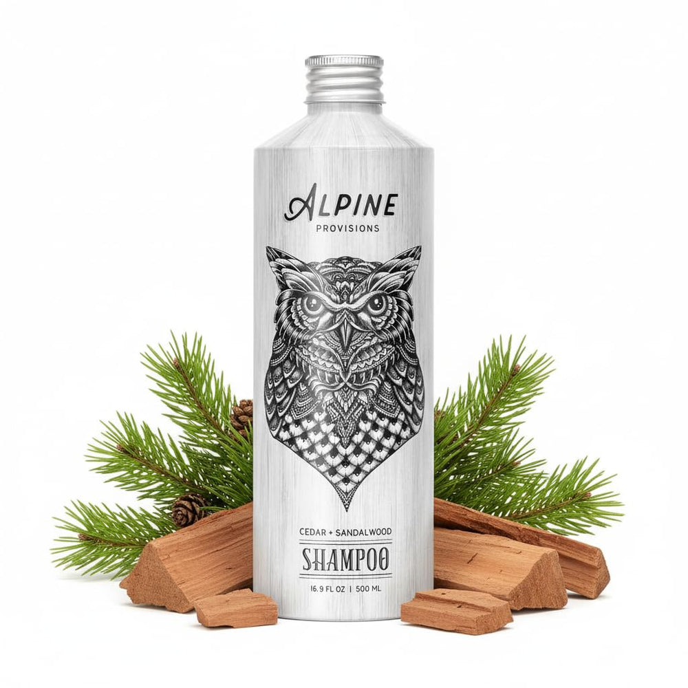 Alpine Provisions Cedar & Sandalwood shampoo bottle showing plastic-free packaging for eco-conscious routines.