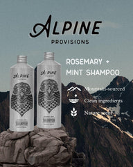 Alpine Provisions Rosemary & Mint Shampoo label close-up, vegan and sulfate-free formula