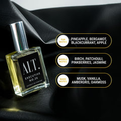 ALT. Fragrances Executive No. 26 heart notes rose jasmine patchouli add floral complexity.